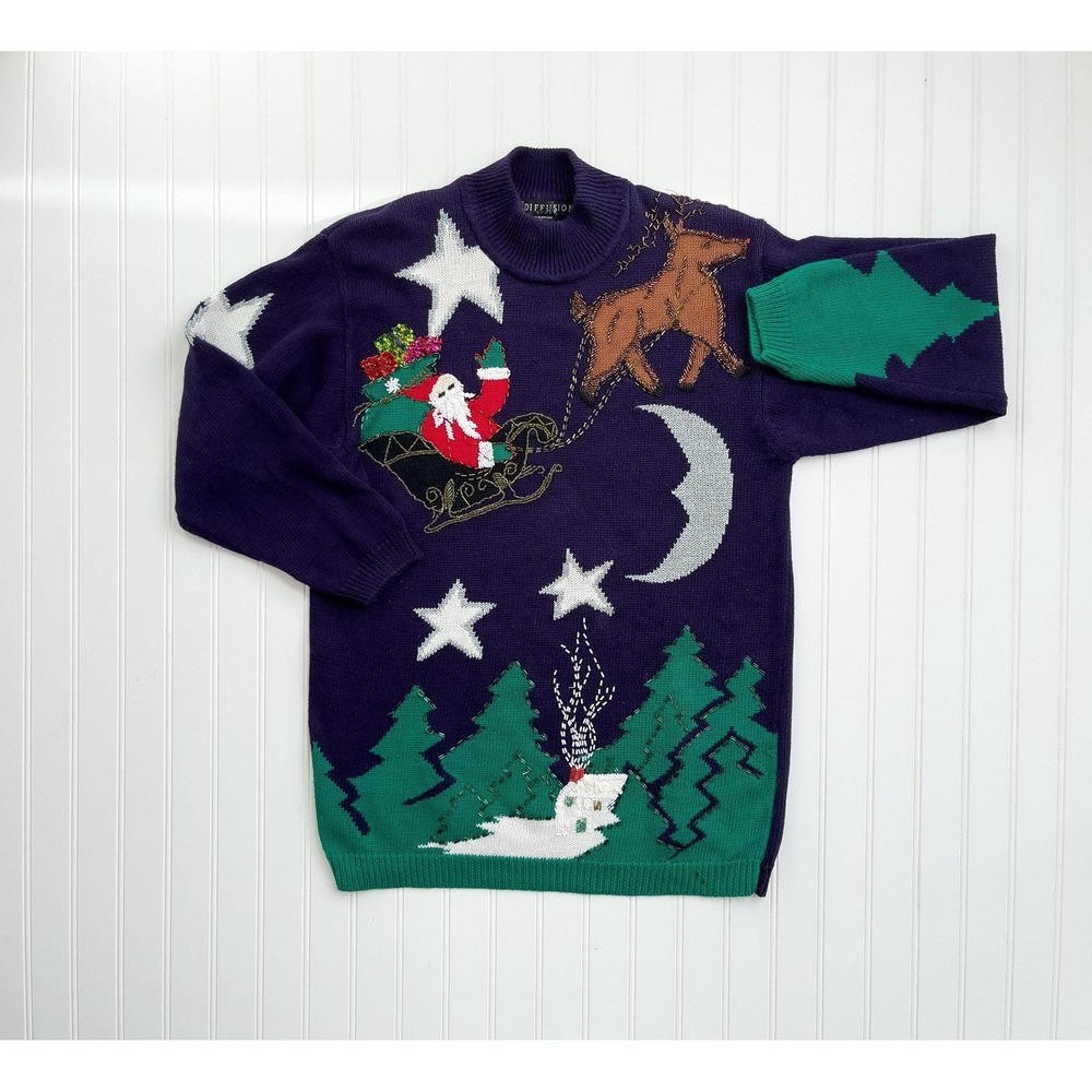 vtg I.B. Diffusion Santa Claus reindeer moon stars sweater size M‎